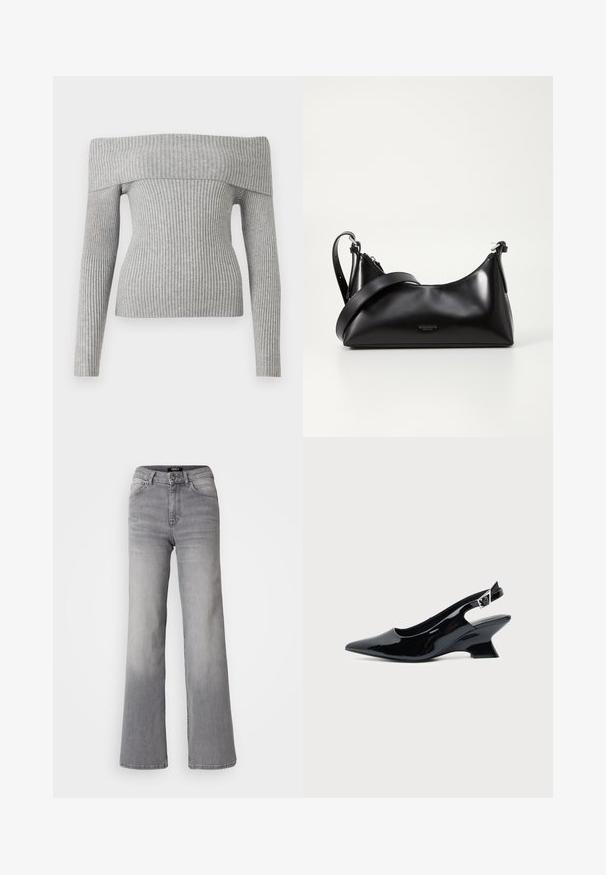Grauer gerippter Pullover mit schulterfreiem Design, langen Ärmeln und taillierter Silhouette. Hergestellt aus strukturiertem Strickstoff.; Hochtaillierte graue Denim-Jeans mit geradem Bein, Frontknopf und Reißverschluss, Vorder- und Gesäßtaschen sowie ausgewaschenen Schattierungen an Oberschenkeln und Waden.; Schwarzer Slingback-Schuh aus Lackleder mit spitzer Spitze und niedrigem, schrägem Blockabsatz auf einfachem hellem Hintergrund.; Schwarze lederne Handtasche mit glatter Textur. Verfügt über einen verstellbaren Riemen und ein elegantes, minimalistisches Design mit einem Reißverschluss.