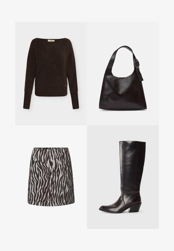 Jersey de manga larga de color marrón oscuro con cuello redondo y puños y bajo acanalados, fabricado con un tejido de punto peludo.; Minifalda con estampado de cebra en negro y gris, de corte recto y con cremallera oculta en la parte trasera.; Bota de cuero marrón oscuro hasta la rodilla con punta afilada, tacón angular y textura suave y brillante. Presenta un diseño limpio y detalles de costura.; Bolso de hombro de cuero marrón con una textura suave, forma redondeada, asa ancha y un acento metálico circular en el mango.