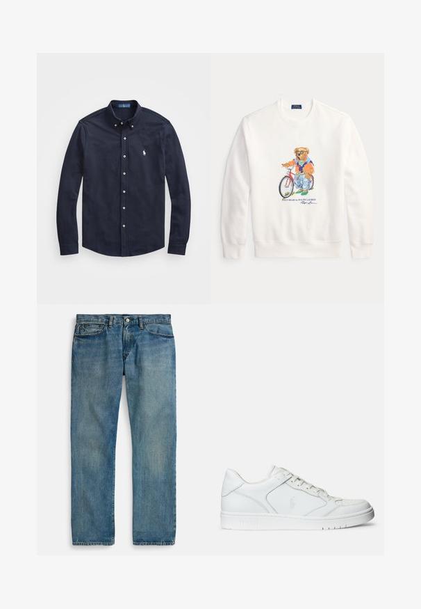 Sudadera blanca con un dibujo de un oso que lleva gafas de sol, una chaqueta naranja, vaqueros y zapatillas verdes, de pie junto a una bicicleta roja.; Camisa de manga larga color navy, con botones en la parte frontal y un pequeño logo blanco en el lado izquierdo del pecho, confeccionada en suave tela de algodón.; Jeans de mezclilla azul claro con diseño de pierna recta, que cuentan con cinco bolsillos, cierre de botón y un sutil desvanecido para aportar textura.; Zapatilla de cuero blanca con textura suave, que presenta una puntera perforada, cierre de cordones y logo bordado en el lateral. Suela de goma blanca.