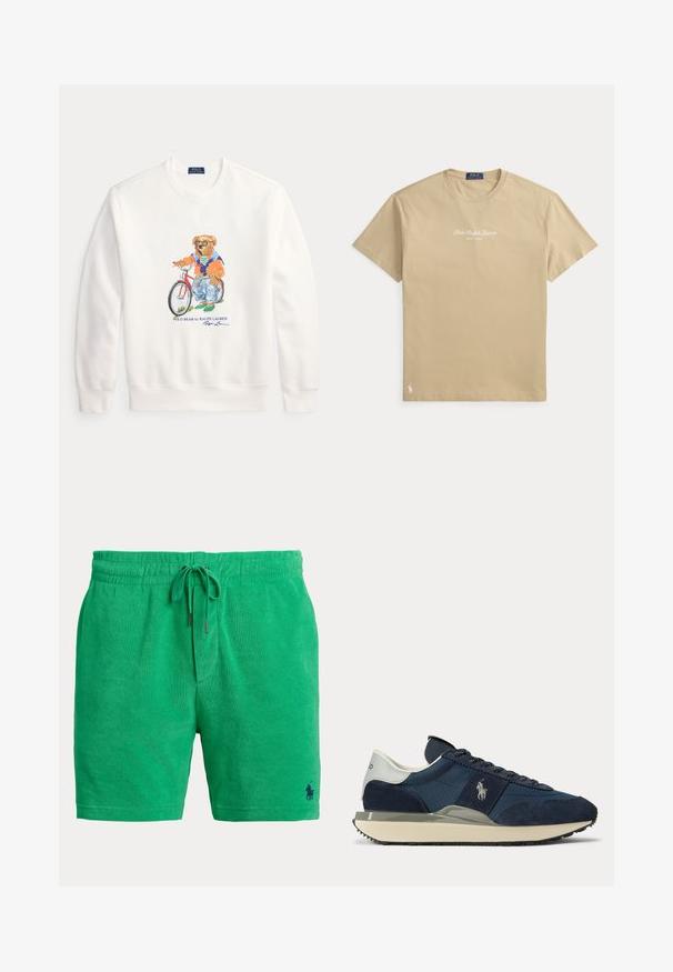 Weißes Sweatshirt mit einer Grafik eines Bären, der Sonnenbrillen, eine orange Jacke, Jeans und grüne Turnschuhe trägt und neben einem roten Fahrrad steht.; Beiges Polo Ralph Lauren T-Shirt mit kurzen Ärmeln und Rundhalsausschnitt, weiß gedrucktes Logo "Polo Ralph Lauren New York" auf der Brust und kleines Logo nahe dem Saum.; Grüne Frotteeshorts mit elastischem Bund und Kordelzug, mit kleinem gesticktem Logo am unteren rechten Bein.; Marineblauer und weißer Sneaker mit Velours- und Stoffeinsätzen, weißem Logo an der Seite, weißem Fersenlaschen und beiger Sohle mit schwarzer Laufsohle.