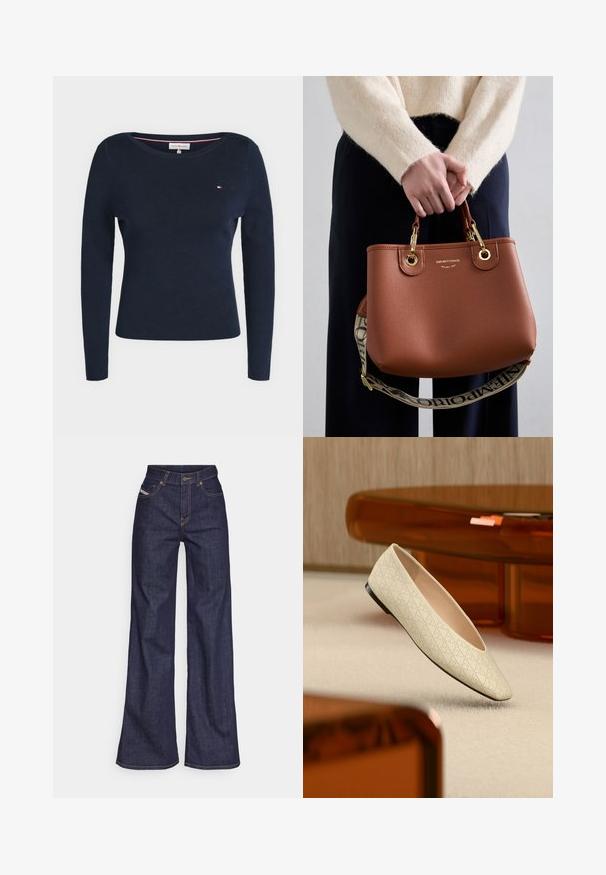 Marineblauer Strickpullover mit langen Ärmeln, Rundhalsausschnitt und kleinem Tommy Hilfiger-Logo auf der linken Brust.; Dunkelblaue weite Jeans aus Denimstoff mit hoher Taille, ausgestattet mit orangefarbenen Nähten, fünf Taschen und einem Knopfverschluss.; Beiger flacher Schuh mit geometrischen Perforationen, der über einem hellen Teppich in einem Raum mit bernsteinfarbenen Möbeln schwebt.; Braune Lederhandtasche mit strukturierter Oberfläche, goldenen Beschlägen und kurzen Griffen. Verfügt über einen gemusterten abnehmbaren Tragegurt.