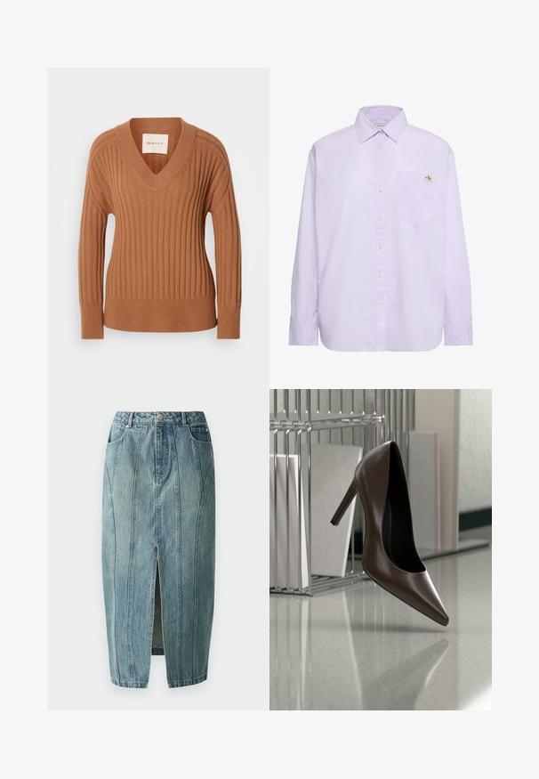 Bronze-farvet striktrøje med v-hals, ribbet tekstur, lange ærmer og en tætsiddende kant. Etiketten siger "GANT."; Lys lilla langærmet skjorte med knapper, venstre brystlomme og lille Calvin Klein-logo over lommen.; Copenhagen Muse JEANNE SKIRT - Denimnederdele - medium dirty washed denim; Mørkebrunt læderhæl med høj hæl, der svæver over en reflekterende gulvplade nær en metalhylde med hvide paneler i et rum.