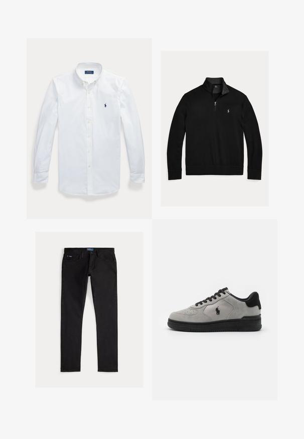Zwarte trui met lange mouwen, een kwart rits en een klein wit geborduurd polo speler logo op de linkerborst.; Wit overhemd met lange mouwen en knopen, met kraag, Polo Ralph Lauren-logo geborduurd op de linkerborst.; Zwarte denim jeans met een slim fit, voorzien van vijf zakken, riemlussen en een blauw merkembleem op de tailleband. Glad, duurzaam materiaal.; Grijze suède sneakers met zwarte accenten, met een textuurstof zijpaneel, een ronde neus en een zwarte rubberen zool. Logo geborduurd op de zijkant.