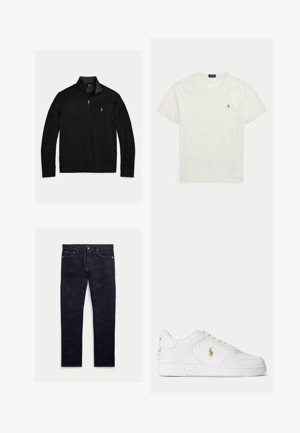 Sort langærmet pullover med kvart lynlås og lille hvid broderet polo-spiller logo på venstre bryst.; Hvid kortærmet bomulds-T-shirt med rund hals, lille Polo Ralph Lauren broderet logo på venstre bryst.; Mørke denimjeans med lige ben, fem lommer, orange syninger og lukning med knapper. Stoffet har en glat tekstur.; Hvid lavtopet lædersneaker med hvide snørebånd og et gyldent Polo Ralph Lauren-logo på siden samt "Polo" præget på sålen.