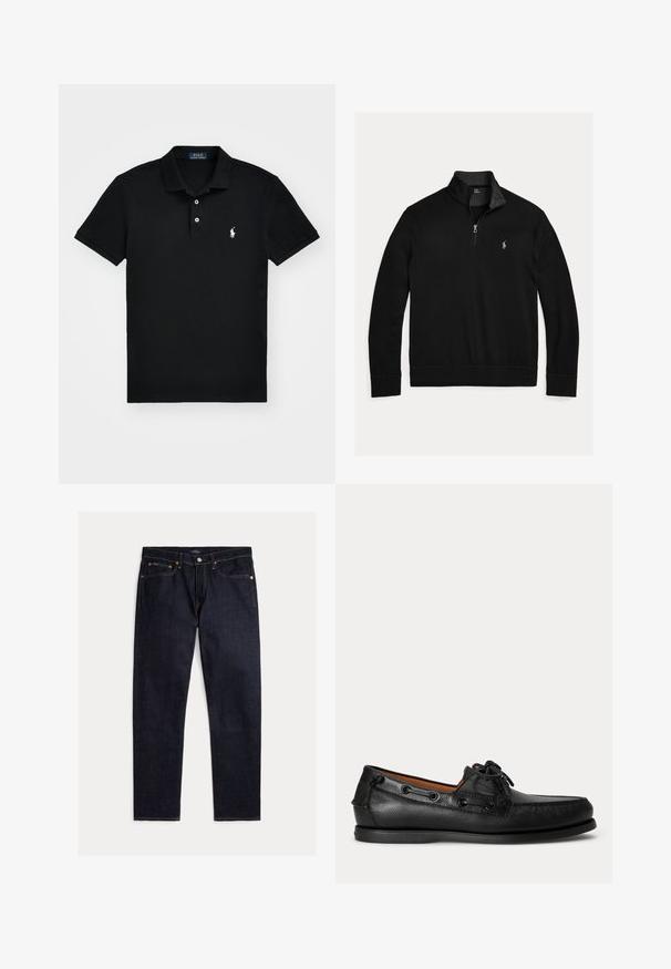 Pull noir à manches longues avec une fermeture éclair au quart et un petit logo brodé blanc d’un joueur de polo sur la poitrine gauche.; Polo noir en coton, avec un col classique, une patte de boutonnage à trois boutons, des manches courtes et un logo blanc sur la poitrine gauche.; Jean droit indigo foncé avec cinq poches, fermeture par bouton et zip, et couture orange contrastante sur fond uni.; Mocassin en cuir noir avec détail lacé et semelle basse en caoutchouc, présenté de profil sur un fond clair uni.