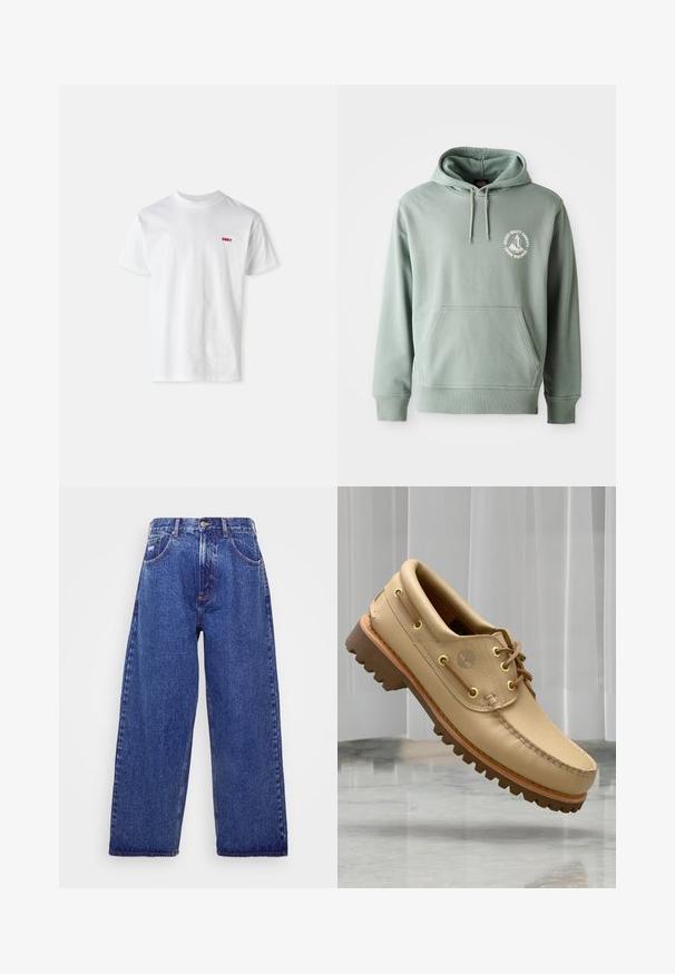 Hoodie vert menthe en tissu mélangé coton, avec une poche avant, un capuchon à cordon de serrage et un petit logo imprimé sur la poitrine.; T-shirt en coton blanc avec un col rond et des manches courtes, orné d'un petit logo rouge "OBEY" sur le côté gauche de la poitrine.; Jean en denim bleu à larges jambes et taille haute, avec cinq poches, une fermeture à bouton et un léger délavage pour une texture.; Chaussure bateau en cuir marron clair avec semelle épaisse et striée et détails de lacets, flottant au-dessus d'un sol en marbre et d'un fond de stores verticaux blancs.
