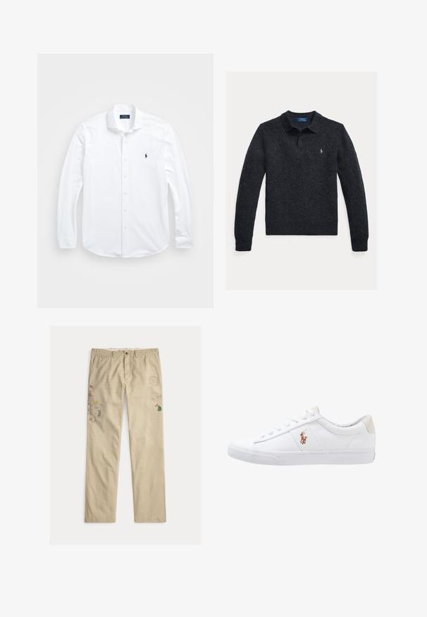 Pull tricoté gris foncé avec col polo, manches longues, patte de boutonnage à trois boutons et petit logo brodé sur la poitrine.; Chemise blanche à manches longues en coton. Caractéristiques : col classique, coupe régulière et petit logo bleu marine sur la poitrine.; Pantalon en coton beige avec des motifs brodés, incluant des arbres et des montagnes, doté d'une fermeture à bouton et de passants pour ceinture.; Baskets en toile blanches avec un design basse, présentant un onglet de talon beige et un petit logo brodé sur le côté. Semelle en caoutchouc.