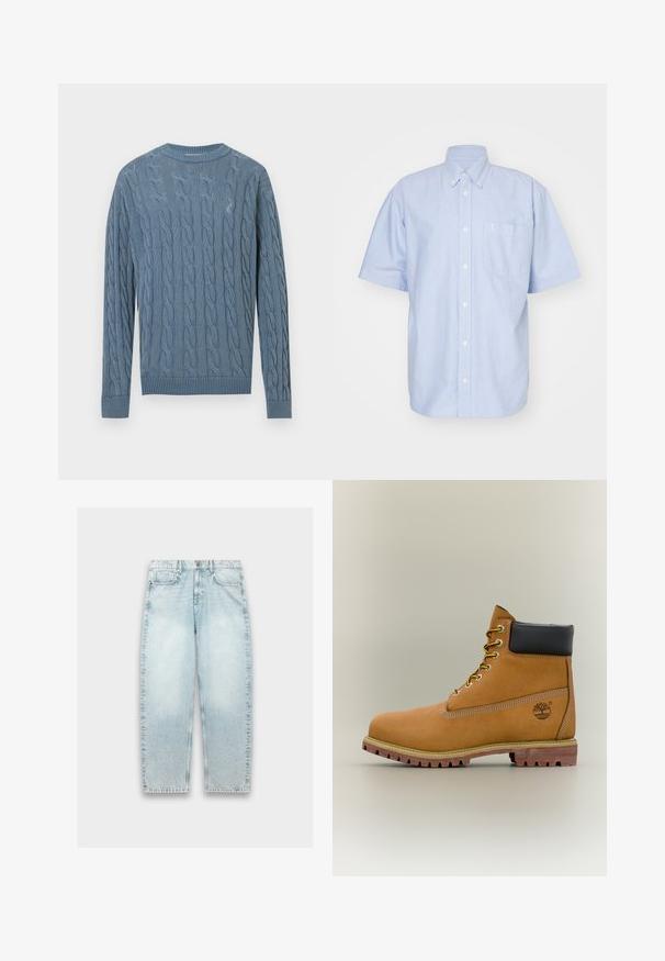 Blå strikket sweater med kabelmønster, lange ærmer samt ribbede manchetter og kant.; Lyseblå kortærmet skjorte med knapper i bomuldsstof. Har en krave og en brystlomme. Enkel, ensfarvet design.; Lyseblå denimjeans med løs pasform, lige ben, falmet tekstur, fem-lomme design og metalknaplukning i taljen.; Brun læderankelstøvle med sort krave, gule snørebånd og tanfarvet sål. Har logo og hvide syninger som detalje. Robust ydersål med greb.