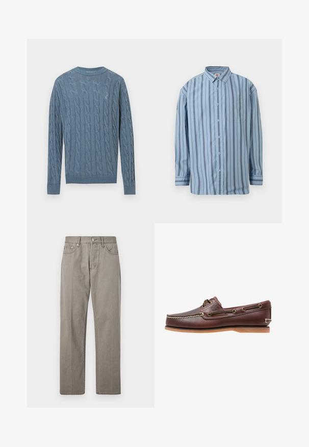 Jersey de punto azul con un patrón de trenzas, mangas largas y puños y bajo acanalados. La tela tiene una apariencia texturizada.; Camisa azul claro de manga larga con botones, con rayas verticales negras y un bolsillo delantero en el pecho.; Pantalones de mezclilla gris con corte recto, que presentan un cierre de botón, bolsillos frontales y detalles de costura sutiles. Sin estampados ni desgastes.; Zapato náutico de cuero marrón con costuras blancas, detalles de cordones y suela de goma color coñac, mostrado de lado sobre un fondo blanco.