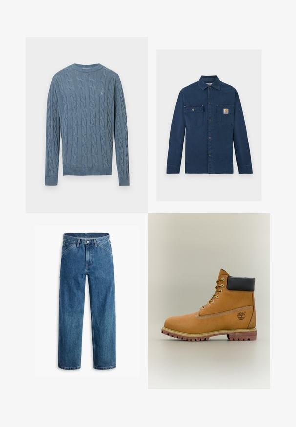 Pull bleu tricoté avec un motif torsadé, manches longues et poignets et ourlet côtelés. Le tissu présente une texture apparente.; Chemise de travail en velours côtelé bleu marine avec manches longues, fermeture à boutons-pression, deux poches poitrine et petit logo Carhartt sur la poche droite.; Jean en denim bleu à jambes droites avec poches avant, passants pour ceinture, bouton métallique et fermeture éclair sur fond blanc.; Bottine en cuir marron avec col noir, lacets jaunes et semelle beige. Présente un logo et des détails de couture blanche. Semelle extérieure à traction robuste.