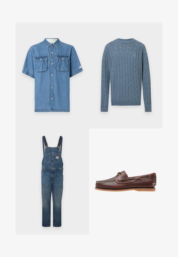 Pull bleu tricoté avec un motif torsadé, manches longues et poignets et ourlet côtelés. Le tissu présente une texture apparente.; Chemise en denim bleu à manches courtes, fermeture à boutons et deux poches à rabat à l'avant, présentée sur un fond clair uni.; Salopette en denim bleu avec bretelles noires réglables, poche poitrine avant avec écusson logo et poches latérales, étalée à plat sur un fond blanc.; Chaussure bateau en cuir marron avec coutures blanches, détails de lacets et semelle en caoutchouc beige, vue de côté sur fond blanc.
