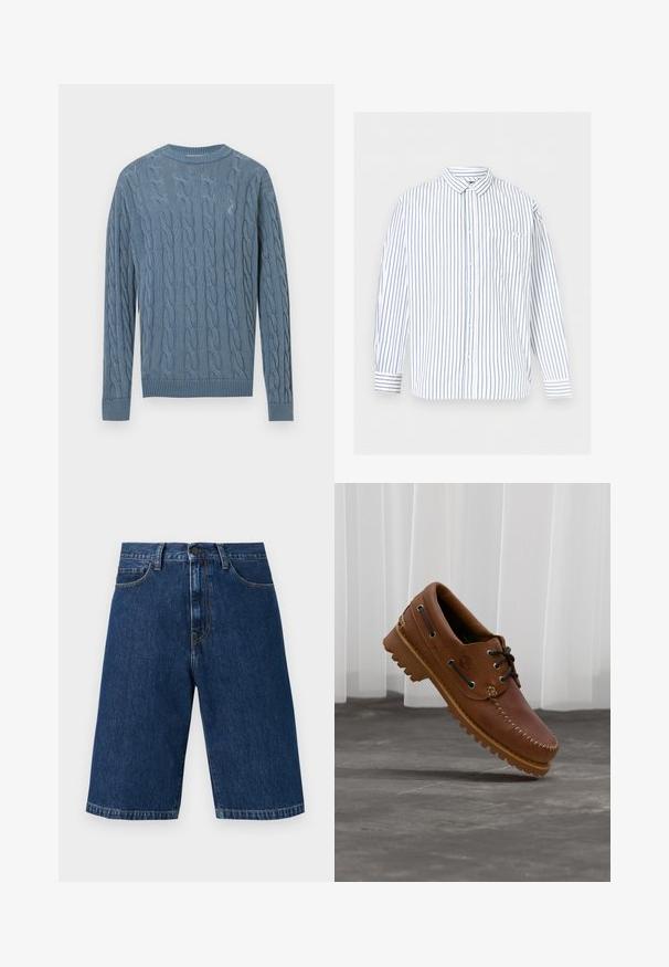Blue knitted sweater featuring a cable pattern, long sleeves, and ribbed cuffs and hem. The fabric has a textured appearance.; White long-sleeve button-up shirt with blue vertical stripes and a chest pocket, displayed on a plain light gray background.; Dark blue denim knee-length shorts with front button, zipper, belt loops, two front pockets, and visible orange stitching.; Brown leather boat shoe with black laces, beige stitching, and a rugged sole, suspended above a gray concrete floor.