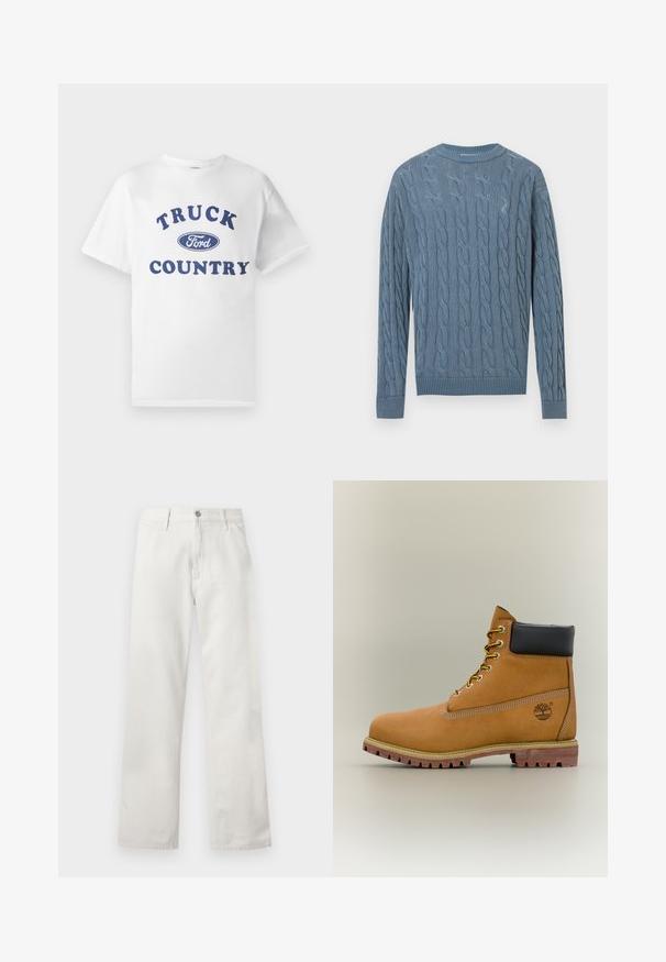Jersey de punto azul con un patrón de trenzas, mangas largas y puños y bajo acanalados. La tela tiene una apariencia texturizada.; Camiseta de algodón blanca con texto impreso en azul "TRUCK COUNTRY" y un logo ovalado en azul de "Ford" en el centro. Mangas cortas y cuello redondo.; Vaqueros blancos de corte recto para hombre con cierre de botón y cremallera, trabillas y bolsillos delanteros.; Bota de tobillo de cuero marrón con cuello negro, cordones amarillos y suela beige. Presenta un logotipo y detalles de costura blanca. Suela exterior con tracción robusta.