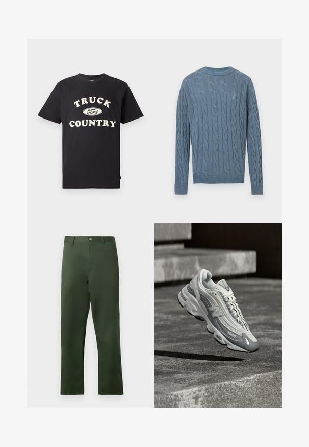 Blauer Strickpullover mit Zopfmuster, langen Ärmeln sowie gerippten Bündchen und Saum. Der Stoff hat eine strukturierte Optik.; Schwarzes Baumwoll-T-Shirt mit kurzen Ärmeln, das "TRUCK COUNTRY" in cremigem Text und einem Ford-Logo-Design auf der Vorderseite zeigt.; Grüne Hosen mit geradem Schnitt, aus einem glatten Stoff gefertigt. Verfügt über einen Knopfverschluss und Fronttaschen, mit minimalen Designdetails.; Weißer und grauer New Balance 1000 Sneaker schwebt über einer Betonfläche mit Treppen im Hintergrund.