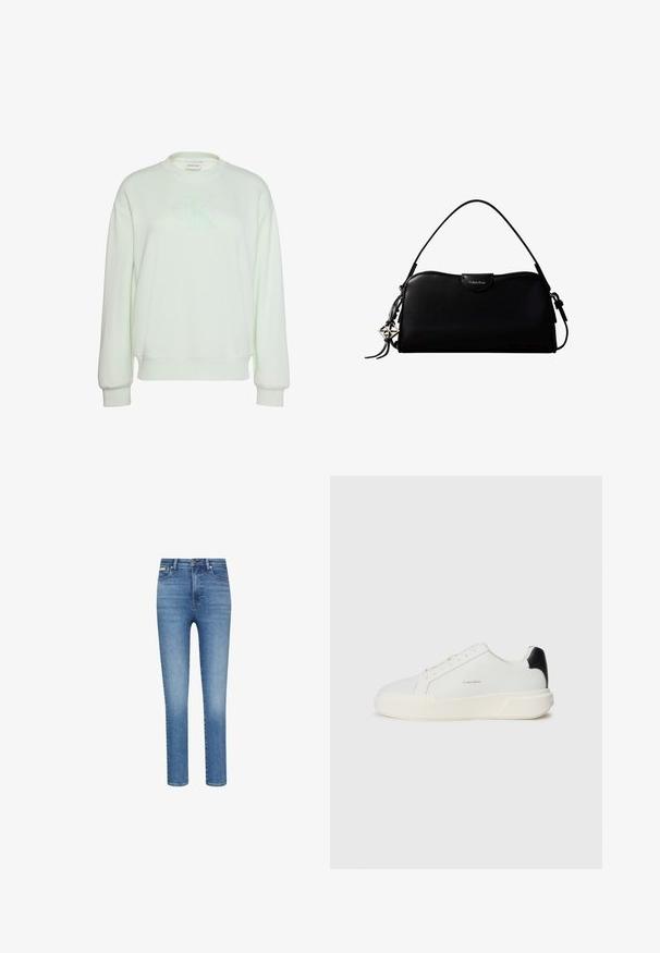 Lysegrøn Calvin Klein sweatshirt med lange ærmer, rund halsudskæring, ribstrikkede manchetter og kant samt diskret "ck Calvin Klein" logo foran.; Smaltsiddende jeans i mediumvasket blå denim. Har høj talje, fem-lommer-design og kontrastsyninger overalt.; Hvid sneakers med en glat læderoverdel, rund tå, snørelukning og en kontrasterende sort hælaccentside. Har en tekstureret gummisål.; Sort rektangulær Calvin Klein håndtaske med enkelt toprem, sølvlogo vedhæng og lille klaplukning foran.