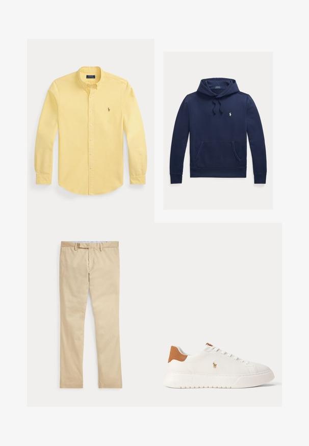 Marineblaue Kapuzenjacke mit Kängurutasche vorne, Kordelzug an der Kapuze und kleinem weißen Polo Ralph Lauren besticktem Logo auf der linken Brust.; Gelbes langärmliges Hemd mit Knöpfen und Kragen sowie kleinem besticktem Logo auf der linken Brust, flach auf weißem Hintergrund gelegt.; Beige gerade Hose mit Gürtelschlaufen und einem vorderen Reißverschluss, flach auf weißem Hintergrund gelegt.; Weißer Sneaker mit niedrigem Schaft, beige Fersenlasche, weißen Schnürsenkeln und kleinem, besticktem Polospieler-Logo an der Seite über einer dicken Sohle.