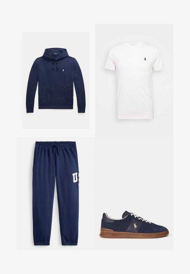Marineblaue Kapuzenjacke mit Kängurutasche vorne, Kordelzug an der Kapuze und kleinem weißen Polo Ralph Lauren besticktem Logo auf der linken Brust.; Weißes Baumwoll-T-Shirt mit Rundhalsausschnitt. Mit einem kleinen dunkelblauen Logo auf der linken Brust. Kurze Ärmel, glatte Textur.; Marineblaue Sweatpants aus Baumwollmischung, mit elastischem Bund und Kordelzug, seitlichen Taschen und einem großen weißen "US"-Logo.; Marineblaue Low-Top-Sneaker mit weißen Schnürsenkeln, brauner Sohle und Polo-Spieler-Logo an der Seite, von links betrachtet.