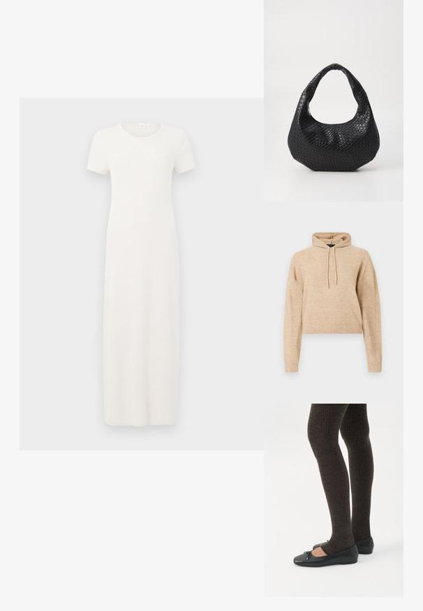 Beige cropped striktrøje med lange ærmer og snorhætte, præsenteret på en hvid baggrund.; Beige, kortærmet kjole i knælængde lavet af blødt bomuldsstof. Har rund halsudskæring og en enkel, lige silhuet.; Ben iført mørke ribbede leggings kombineret med sorte balletsko med små sløjfedetaljer på hvid baggrund.; Sort flettet håndtaske med et buet håndtag, der har en struktureret overflade og en afslappet form. Glat finish med en organisk silhuet.
