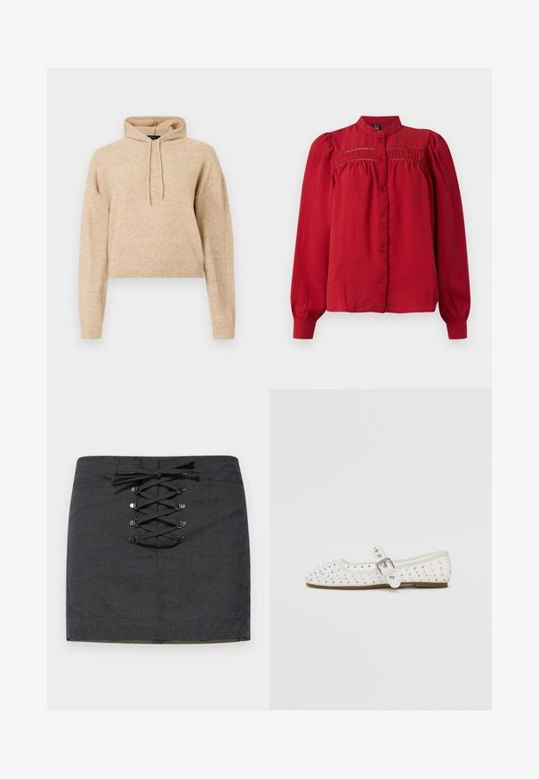 Beige cropped gebreid hoodie met lange mouwen en een capuchon met trekkoord, weergegeven op een witte achtergrond.; Rode blouse met lange mouwen en staande kraag, knoopsluiting aan de voorkant, geplooide schouderdetails en gathered stof onder de borst en bij de manchetten.; Donkergrijze mini-rok met een opvallende veterdetail aan de voorkant en metalen hardware. Glad textuur, slank model en middelhoge tailleband.; Witte platte schoen met een spitse neus, versierd met zilveren studs, beschikt over een gespsluiting over de wreef en een lichtbruine zool.