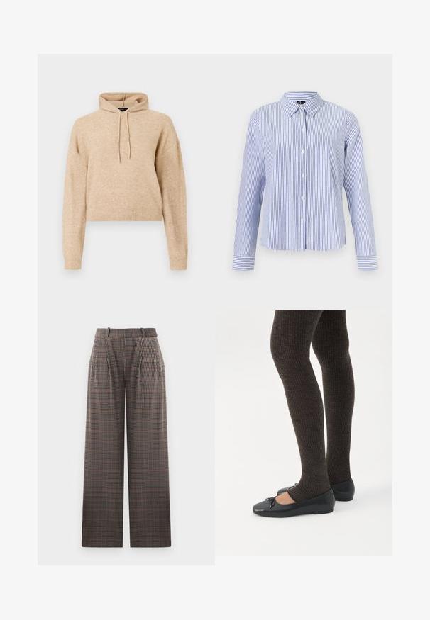 Beige cropped striktrøje med lange ærmer og snorhætte, præsenteret på en hvid baggrund.; Langærmet skjorte med knapper med hvide og lyseblå lodrette striber og en spids krave vist på en ensfarvet baggrund.; Rude bukser med bred benform, der har læg, høj talje og en blanding af brune, sorte og lyseblå farver.; Ben iført mørke ribbede leggings kombineret med sorte balletsko med små sløjfedetaljer på hvid baggrund.