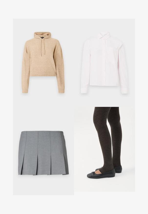 Beige cropped gebreid hoodie met lange mouwen en een capuchon met trekkoord, weergegeven op een witte achtergrond.; Lichtroze langemouwen overhemd met knopen, voorzien van een kraag en een enkele borstzak, weergegeven op een witte achtergrond.; Grijze geplooide rok met een gladde textuur, gestructureerd ontwerp en een aansluitende taille. Gemaakt van een lichtgewicht stof met een subtiel patroon.; Benen met donkere geribbelde leggings gecombineerd met zwarte ballerina's met kleine strikdetails op een witte achtergrond.