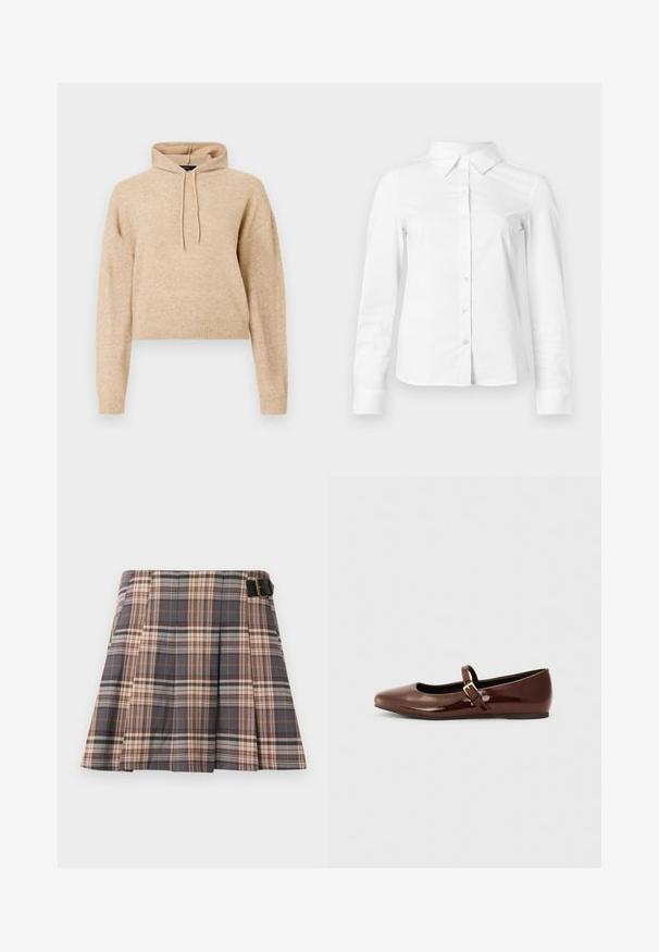 Beige cropped striktrøje med lange ærmer og snorhætte, præsenteret på en hvid baggrund.; Hvid skjorte med lange ærmer, knapper, spids krave, lige kant og tætsiddende silhuet, vist på en ensartet lys baggrund.; Rutig nederdel i grå, beige og rustfarver; har plisseringer, en spænde detalje og et struktureret design. Fremstillet af et vævet stof.; Brun patentlæder balletflade med firkantet tå og strop med en lille guldbuckle. Glat tekstur, lav hæl og minimalistisk design.