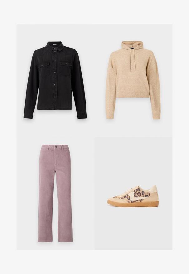 Beige cropped striktrøje med lange ærmer og snorhætte, præsenteret på en hvid baggrund.; Sort denim skjorte med knapper og lange ærmer, to brystlommer med klap og en klassisk krave på en hvid baggrund.; Corduroy bukser i lys mauve med lige ben. Har en frontlukning med knap og vertikal ribbet tekstur.; Leopardprint sneakers med beige ruskindsoverdel, tan gummisål og hvide detaljer. Rund pegefinger og snørebåndsdesign med en tekstureret finish.