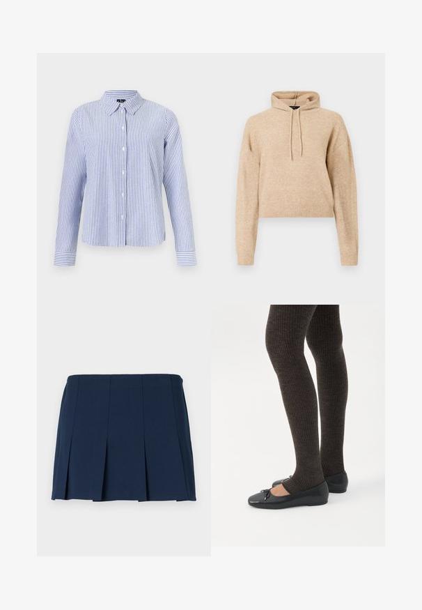 Haut de sweat en maille beige, cropped, avec des manches longues et une capuche à cordons, présenté sur fond blanc.; Chemise à manches longues boutonnée, avec des rayures verticales blanches et bleu clair et un col pointu, présentée sur un fond uni.; Jupe mini plissée bleu marine avec une taille droite, fabriquée à partir d'un tissu lisse. Présente des coutures verticales le long des plis.; Jambes portant des leggings côtelés foncés associés à des ballerines noires avec de petits détails en nœud sur fond blanc.