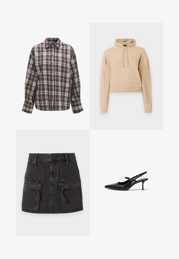 Beige cropped striktrøje med lange ærmer og snorhætte, præsenteret på en hvid baggrund.; Langærmet skjorte med knapper, brun, sort og hvid ternet mønster og klassisk krave på hvid baggrund.; Sort denim nederdel med en tætsiddende talje, to front cargo-lommer og en falmet tekstur. Har knaplukning og bæltestropper.; Sorte læder slingback hæle med spids tå, slank justerbar rem og en stiletto hæl på cirka 5 cm, glat tekstur.