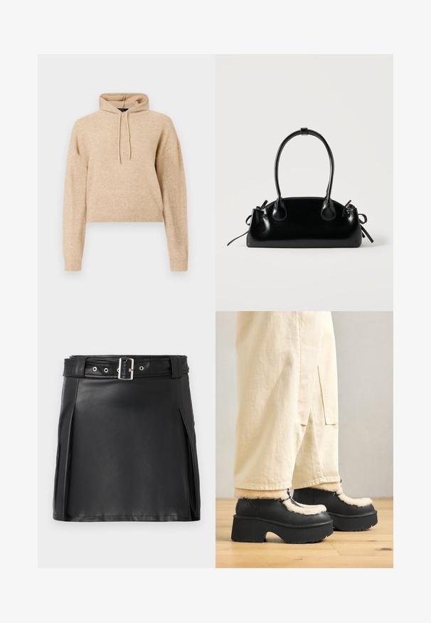 Beige cropped striktrøje med lange ærmer og snorhætte, præsenteret på en hvid baggrund.; Sort faux læder mini nederdel med en tætsiddende pasform, sidesyninger og et bælte med en sølvfarvet spænde og øjne. Glat tekstur, høj talje.; Sorte platformstøvler med en rund tå, der har en fluffy cremefarvet krave og snøre detaljer, parret med løse beige bukser på et trægulv.; Lille sort blank håndtaske med to lange håndtag og snøre-detaljer i siden på en ensfarvet lys baggrund.