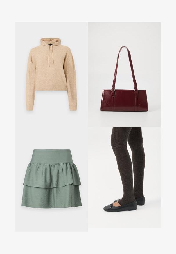 Beige cropped striktrøje med lange ærmer og snorhætte, præsenteret på en hvid baggrund.; Blød grøn nederdel med et lagdelt design og en flæsekant, lavet af letvægtsstof, med en elastisk talje for komfort.; Ben iført mørke ribbede leggings kombineret med sorte balletsko med små sløjfedetaljer på hvid baggrund.; Bordeaux håndtaske lavet af glansfuldt materiale, rektangulær form, med to skulderremme og subtile buede detaljer på forsiden.