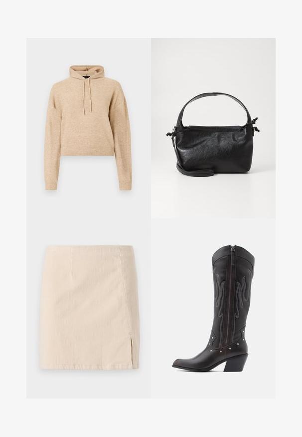 Beige cropped gebreid hoodie met lange mouwen en een capuchon met trekkoord, weergegeven op een witte achtergrond.; Beige corduroy mini-jurk met verticale ribbels, met een zijsplit voor extra detail. De zoom is recht en gelijkmatig gestikt.; Bruine leren cowboylaarzen met vlamstiksels, zijrits, zilveren studs, spits toelopende neus en gestapelde hak.; Zwarte leren handtas met een gestructureerd ontwerp, een ronde bovenhandgreep en een afneembare schouderriem. Beschikt over een gladde textuur en een subtiele glans.