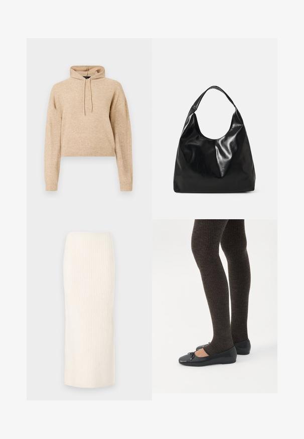 Beige cropped striktrøje med lange ærmer og snorhætte, præsenteret på en hvid baggrund.; Knælang creme striknederdel med ribbet tekstur, der har et tætsiddende design og en elastisk talje for komfort.; Ben iført mørke ribbede leggings kombineret med sorte balletsko med små sløjfedetaljer på hvid baggrund.; Sort læder hobo taske med en blød, skinnende tekstur og en rund, åben top. Har en bred, buet strop til bæring. Ingen synlig hardware.