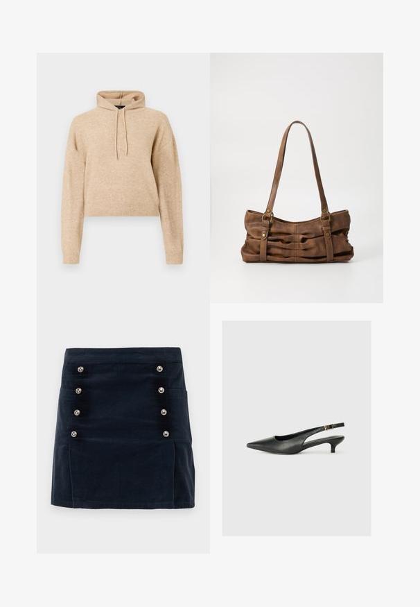 Sudadera de punto recortada en color beige, con mangas largas y capucha con cordón, presentada sobre un fondo blanco.; Falda de pana azul marino con forma recta, cinco botones metálicos en la parte delantera y dos bolsillos laterales para funcionalidad.; Zapato de tacón slingback negro de punta afilada, hecho de cuero suave. Presenta un tacón delgado y un detalle de hebilla en la correa ajustable.; Even&Odd by Zalando Bolso de mano - brown