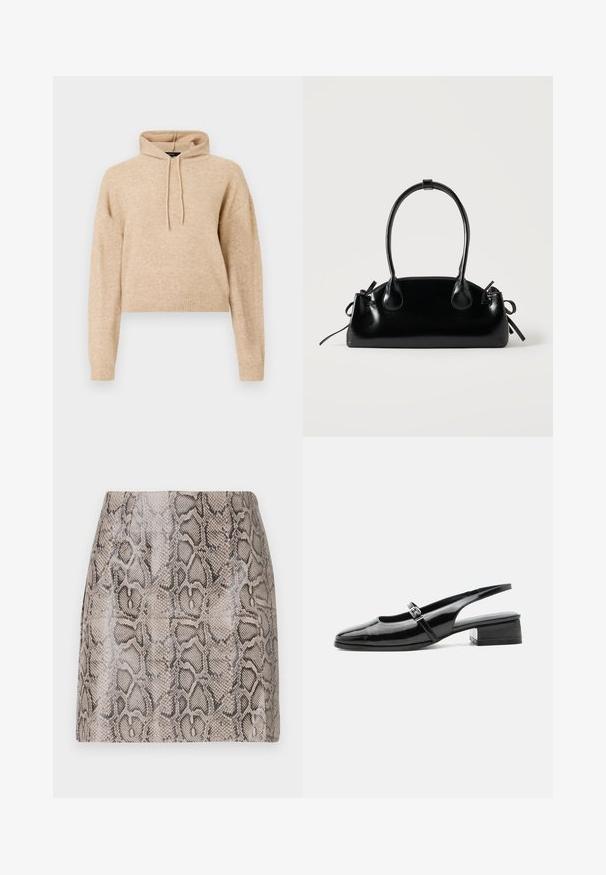 Beige cropped striktrøje med lange ærmer og snorhætte, præsenteret på en hvid baggrund.; En tætsiddende miniskørt med en blank, struktureret faux slangeskindsprint i nuancer af beige og sort, med en glat overflade og uden synlige lukninger.; Sort laklæderslingback-sko med lav blokhæl og tynd rem med sølvspænde over toppen.; Lille sort blank håndtaske med to lange håndtag og snøre-detaljer i siden på en ensfarvet lys baggrund.