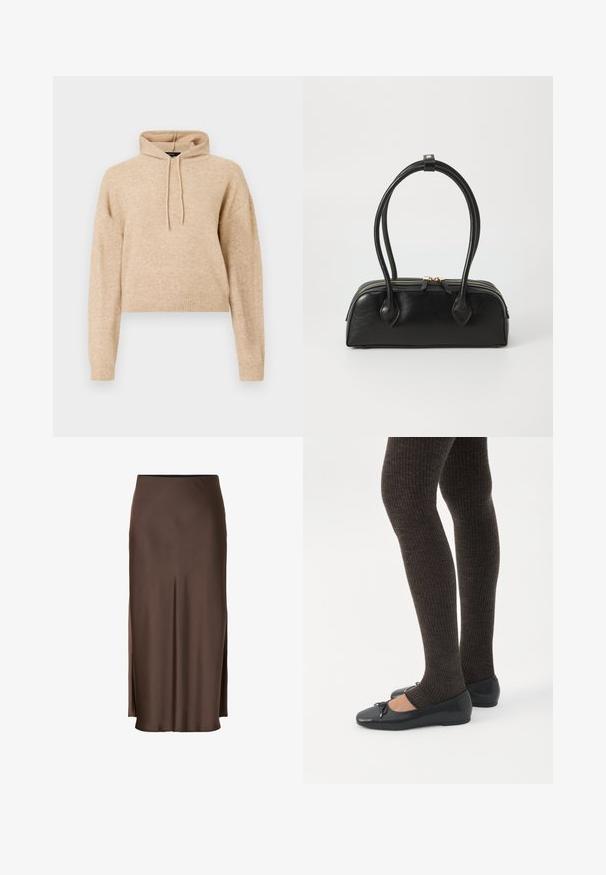 Beige cropped gebreid hoodie met lange mouwen en een capuchon met trekkoord, weergegeven op een witte achtergrond.; Bruine satijnen rok met een rechte pasvorm, voorzien van zijsplitten voor een gemakkelijke bewegingsvrijheid en een gladde textuur in de stof.; Benen met donkere geribbelde leggings gecombineerd met zwarte ballerina's met kleine strikdetails op een witte achtergrond.; Zwarte leren handtas met twee verlengde handvatten, ritsluiting en ronde vorm; gladde textuur met subtiele glanzende afwerking.
