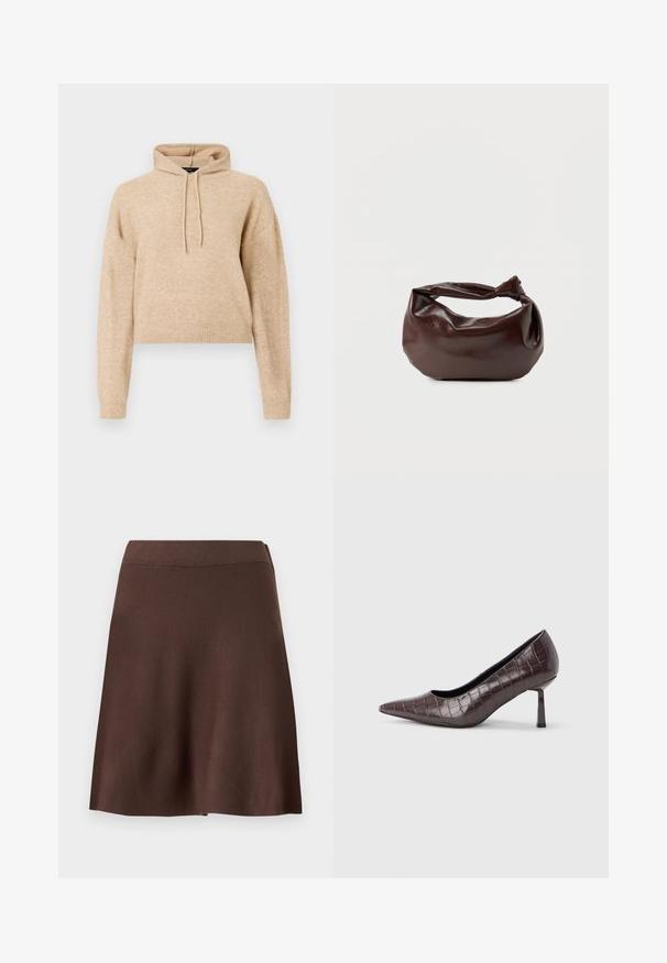Beige cropped striktrøje med lange ærmer og snorhætte, præsenteret på en hvid baggrund.; Brun A-formet nederdel med elastisk talje, glat strik tekstur og let svaj i kanten mod en ensfarvet lys baggrund.; Brune kunstlæder stiletter med spidse tæer og krokodilletekstur, der har en slank, vinklet hæl og en glat inderside.; Mørkebrun læder skuldertaske med en blød, afslappet form og et snoet knudehåndtag på en ensartet hvid baggrund.