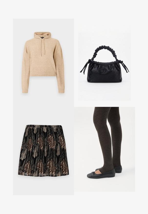Beige cropped striktrøje med lange ærmer og snorhætte, præsenteret på en hvid baggrund.; Sort nederdel med en samlet talje, prydet med et brunt og beige abstrakt mønster, akkompagneret af metalliske linjer og teksturer.; Ben iført mørke ribbede leggings kombineret med sorte balletsko med små sløjfedetaljer på hvid baggrund.; Sort taske med krokodilletekstur, rynket øverste kant, samlet hank og snore med kvaster på hver side mod en hvid baggrund.