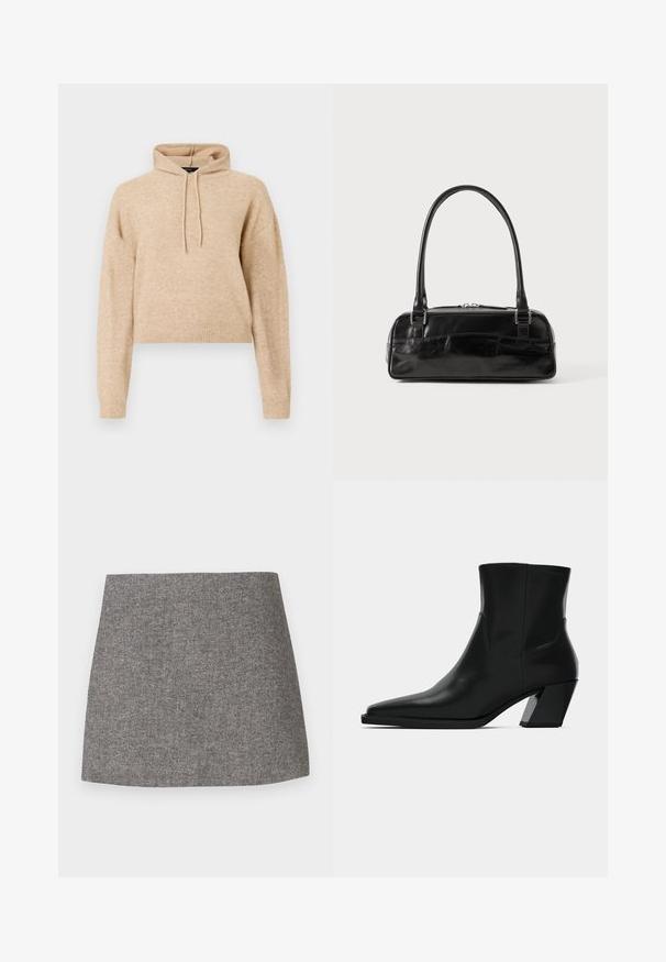 Haut de sweat en maille beige, cropped, avec des manches longues et une capuche à cordons, présenté sur fond blanc.; Jupe à motif chevrons en tissu gris, présentant une silhouette ajustée avec une texture lisse et un ourlet droit et net.; Bottine en cuir noir avec un bout pointu, une silhouette élégante et un talon carré massif. Texture lisse avec des détails de couture minimalistes.; Sac à main en cuir noir de forme rectangulaire, doté d'une seule ansse structurée, de quincaillerie argentée et d'une fermeture éclair. Texture lisse.
