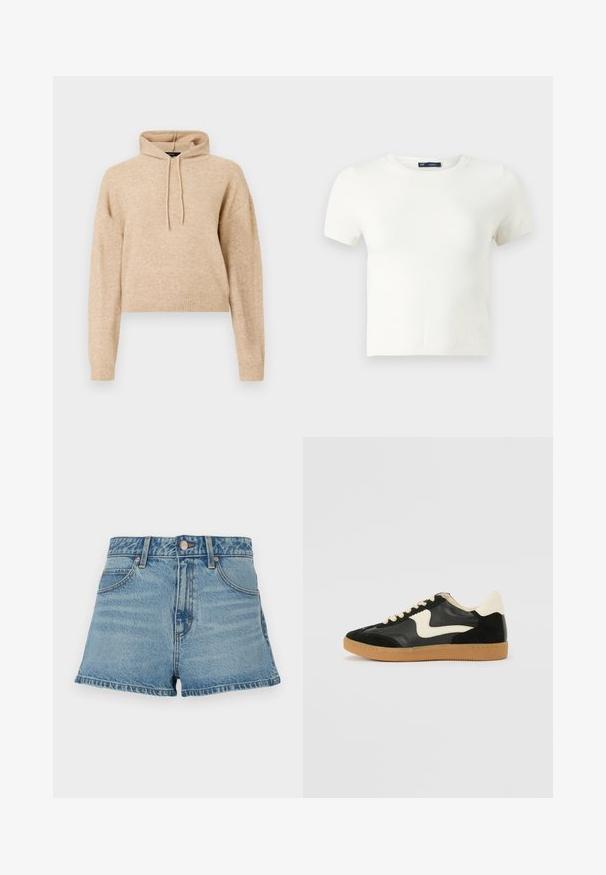 Haut de sweat en maille beige, cropped, avec des manches longues et une capuche à cordons, présenté sur fond blanc.; T-shirt blanc à manches courtes fabriqué à partir d'un matériau doux. Présente un design classique à col rond et une coupe ajustée sans motifs ni accents visibles.; Shorts en denim bleu clair avec taille haute, ourlet effiloché, surpiqûres contrastantes et poches avant. Comprend un bouton en métal et une étiquette de marque.; Baskets en daim et cuir noir avec un swoosh latéral crème et un talon crème clair. Dotées de lacets beige et d'une semelle en caoutchouc gomme.