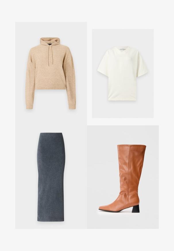 Beige verkürzter Strick-Hoodie mit langen Ärmeln und Kordelzugkapuze, auf einem weißen Hintergrund präsentiert.; Weißes Oversized-T-Shirt mit kurzen Ärmeln und V-Ausschnitt, flach liegend mit einem TOPSHOP-Etikett im Kragen.; Jeans-Minirock in Dunkelblau. Mit einer figurschmeichelnden Silhouette, geradem Schnitt und glatter Textur mit subtilen gerippten Details.; Hohe braune Lederstiefel mit niedrigem schwarzen Blockabsatz und leicht spitzer Zehe, seitlich auf weißem Hintergrund dargestellt.