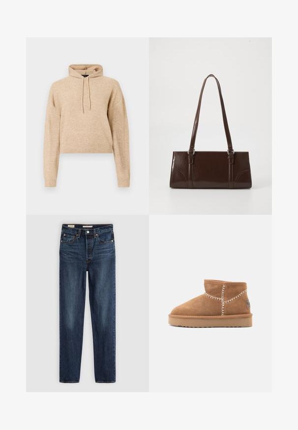 Beige cropped striktrøje med lange ærmer og snorhætte, præsenteret på en hvid baggrund.; Mørkeblå lige ben jeans med fem lommer, knap- og lynlås lukning samt kontrastsyninger.; Brune ruskinds ankelstøvler med rund tå, hvid dekorativ syning og en tan gummisål med et zigzag-mønster.; Brun lakeret håndtaske med rektangulær form, to lange håndtag og subtile buede detaljer på fronten.