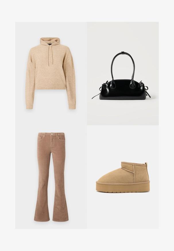 Beige cropped striktrøje med lange ærmer og snorhætte, præsenteret på en hvid baggrund.; Brune fløjl flare bukser med en tekstureret overflade, der har fem lommer, knaplukning og bæltestropper.; Beige suede ankelstøvler med rund tå, minimale syninger og en lysebrun gummisål med et tekstureret mønster.; Lille sort blank håndtaske med to lange håndtag og snøre-detaljer i siden på en ensfarvet lys baggrund.