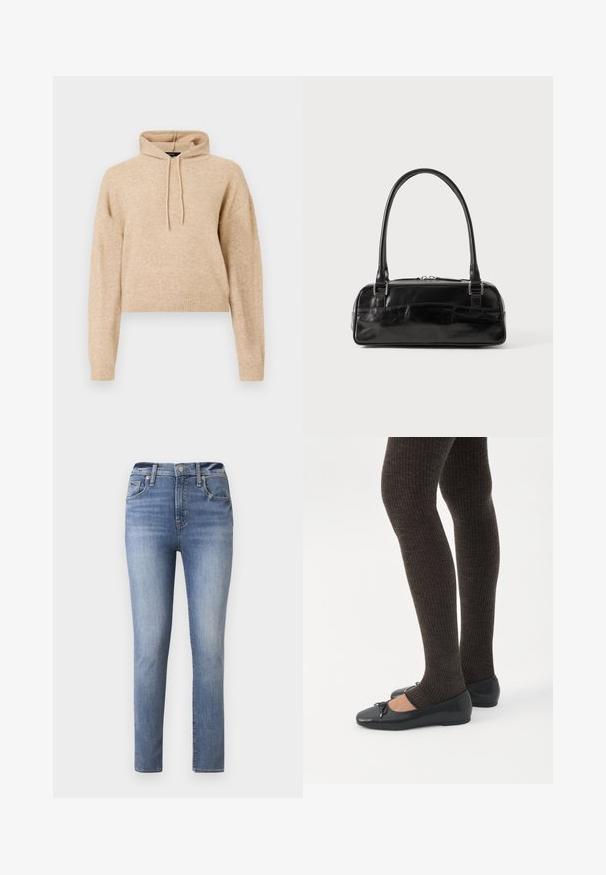 Haut de sweat en maille beige, cropped, avec des manches longues et une capuche à cordons, présenté sur fond blanc.; Jean taille haute bleu clair avec une coupe slim, dotée de cinq poches et d'une fermeture éclair, fabriquée en denim avec une texture lisse.; Jambes portant des leggings côtelés foncés associés à des ballerines noires avec de petits détails en nœud sur fond blanc.; Sac à main en cuir noir de forme rectangulaire, doté d'une seule ansse structurée, de quincaillerie argentée et d'une fermeture éclair. Texture lisse.
