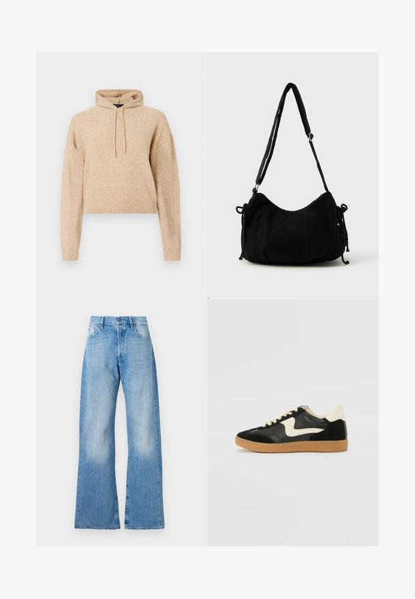 Beige cropped gebreid hoodie met lange mouwen en een capuchon met trekkoord, weergegeven op een witte achtergrond.; Lichtblauwe denim flared jeans met een hoge taille, vijf zakken en een klassieke knoopsluiting. Heeft subtiele vervaging en een relaxte pasvorm.; Zwarte suède en leren sneaker met een crèmekleurige zij-swoosh en lichte crèmekleurige hiel. Voorzien van beige veters en een gumrubberen zool.; Zwarte corduroy schoudertas met een gebogen vorm, een verstelbare schouderband en trekkoordsluitingen aan beide zijkanten voor maataanpassing.