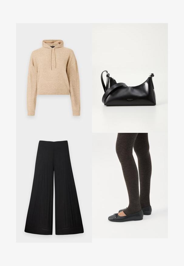 Haut de sweat en maille beige, cropped, avec des manches longues et une capuche à cordons, présenté sur fond blanc.; Pantalon noir à larges jambes en tissu léger. Il possède une taille plate et un matériau fluide, avec peu de détails de couture.; Jambes portant des leggings côtelés foncés associés à des ballerines noires avec de petits détails en nœud sur fond blanc.; Sac à main en cuir noir avec une texture lisse. Dispose d'une bandoulière adjustable et d'un design élégant et minimaliste avec une fermeture éclair.