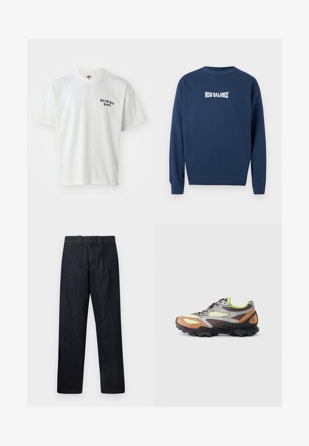 Marineblauwe crewnecktrui met lange mouwen en een wit "New Balance"-logo centraal op de borst.; Korte mouwen witte T-shirt gemaakt van katoen met een ronde hals. Heeft een zwart bedrukte logo op de linkerborst en een klein label aan de zoom.; Donkerblauwe rechte broek met hoge taille en riemlussen, getoond tegen een effen witte achtergrond.; Multicolor sportschoen met een mix van bruine, grijze en gele materialen. Bovenwerk van textiel met structuur, zwarte rubberen zool en groene accenten.