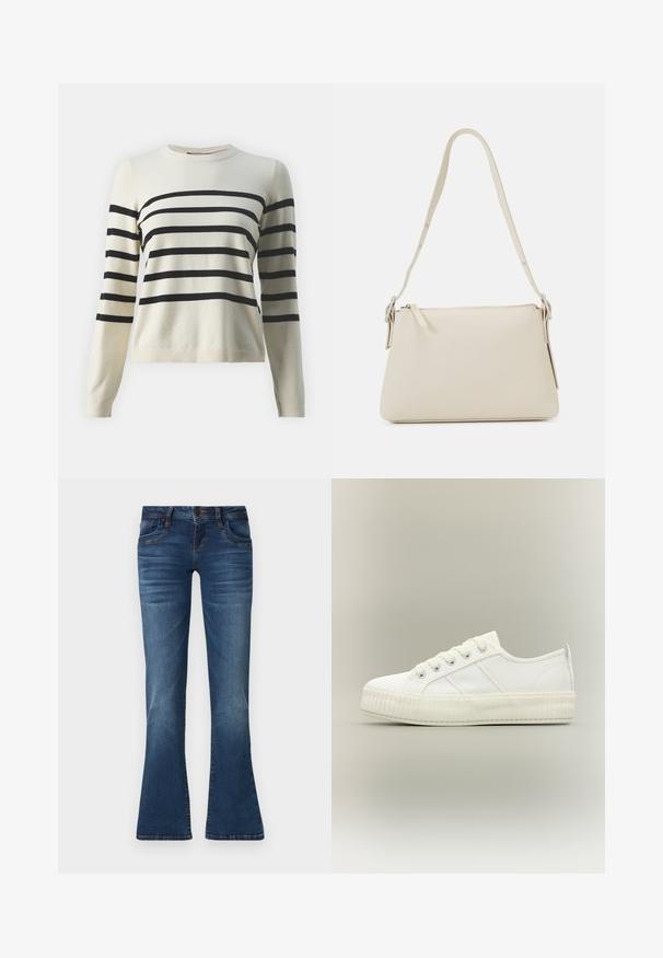 Cremefarvet sweater med sorte vandrette striber, rund hals og lange ærmer. Lavet af blødt strikket materiale med ribbede kantdetaljer.; Blå denimjeans med en let flagrende ben, knaplukning foran, lommer og diskrete falmede detaljer på lår og knæ.; Hvid lavtop sneaker med tyk ribbet sål, snørelukning foran og trækflap på hælen mod en neutral baggrund.; Beige skuldertaske lavet af glat læder med lynlås-lukning. Har et enkelt design, slank skulderrem og metalbeslag som detaljer.