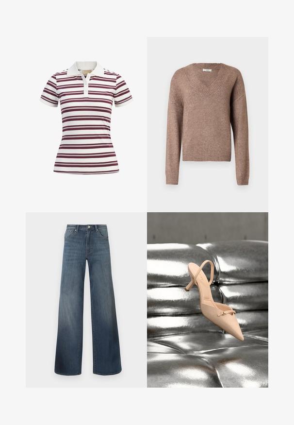 Brun strikket sweater med V-hals, lange ærmer, ribbede manchetter og kant. Materialet virker blødt med en let tekstureret overflade.; Kortærmet polo-shirt med vandrette maroon- og hvide striber, lavet af blødt stof med klassisk krave og tre-knaps lukning.; Bredde denim jeans i mørkeblå, med en slidteknik, knaplukning og fem-lomme stil. Glat tekstur, minimal syning detaljer.; Beige spids tå slingback-sko med en tekstureret overdel, tynd rem og lille hæl, hvilende over en skinnende metaloverflade.