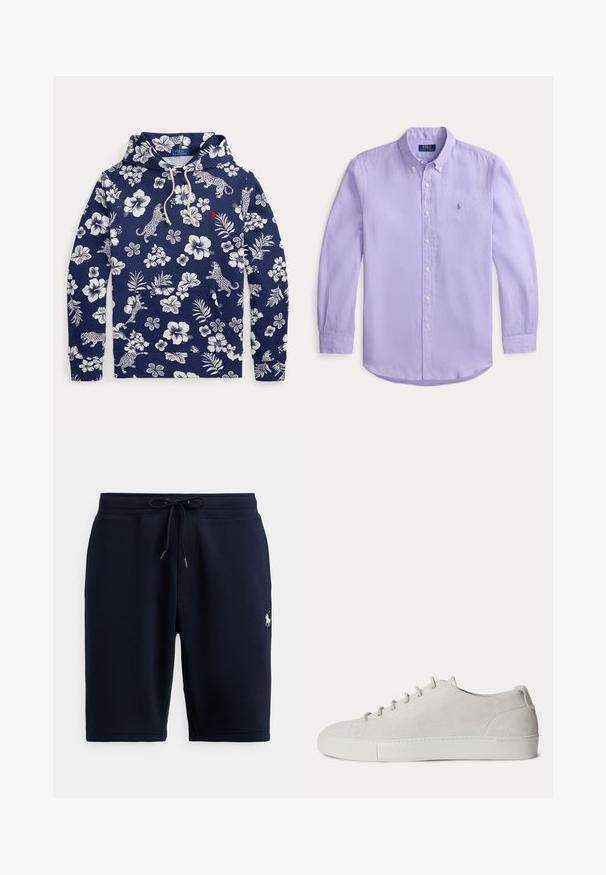 Marineblå hættetrøje med hvidt blomster- og leopardprint, lomme foran, snøretrækshætte og lille rød Polo Ralph Lauren-logo på brystet.; Lys lilla knap-fri skjorte med klassisk krave, lange ærmer og buet kant. Har et lille broderet logo på brystet.; Marineblå atletiske shorts i bomuld med elastisk taljebånd, snor og logoaccents på venstre side. Glat tekstur, knælang.; Hvid lav-sneakers i ruskind med snørelukning foran og gummisål, minimalistisk design.